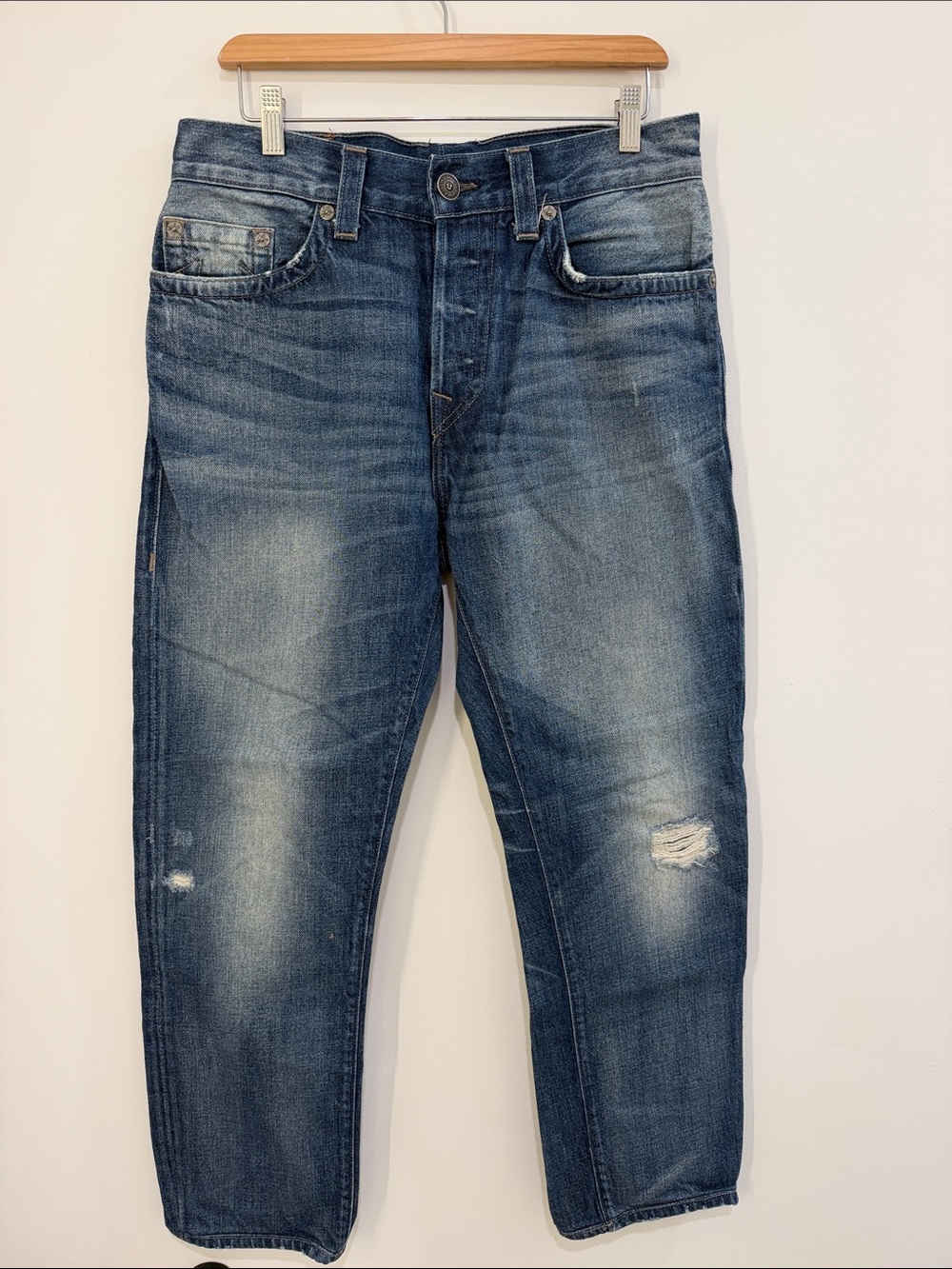True Religion Men's Blue Slim Straight Jeans with Distressed Details